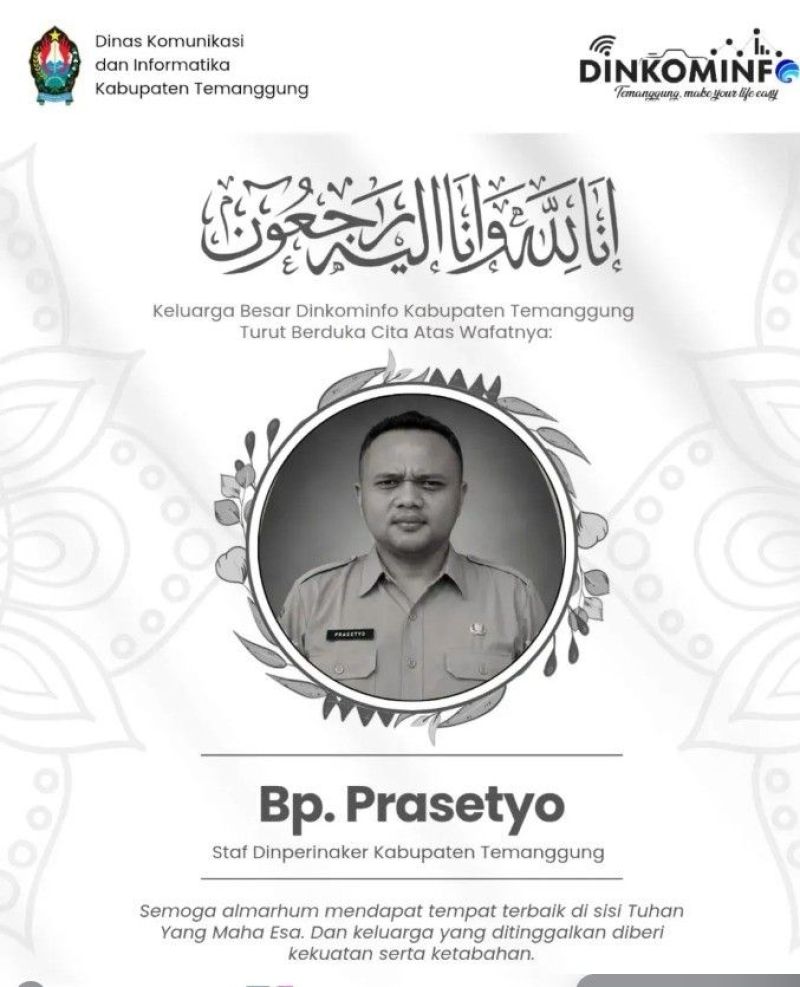 Keluarga besar Dinkominfo Kab. Temanggung mengucapkan turut berduka cita atas wafatnya Staf Dinperinaker Kab. Temanggung, Bapak Prasetyo.